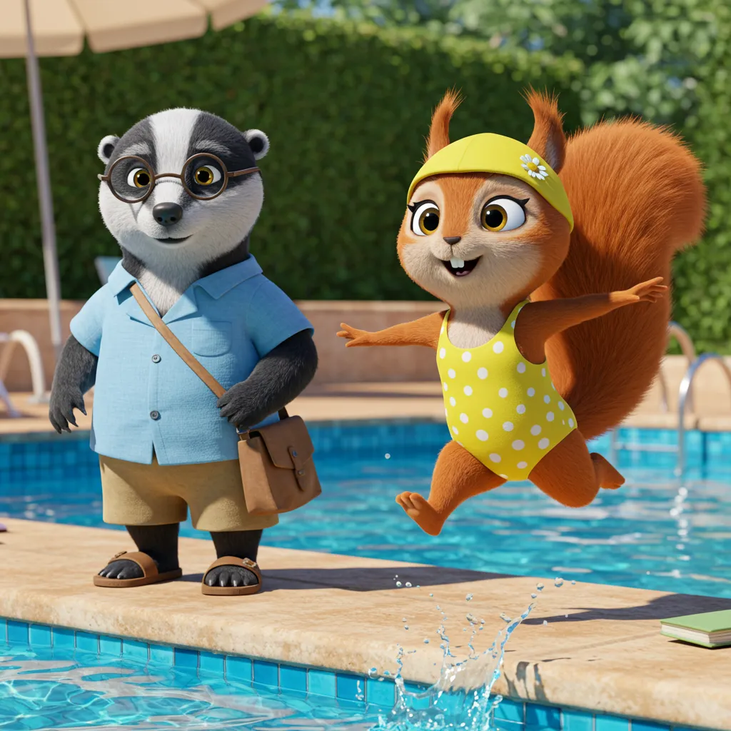 Frau Eichhorn springt ins Wasser, Herr Dachs steigt vorsichtig ein